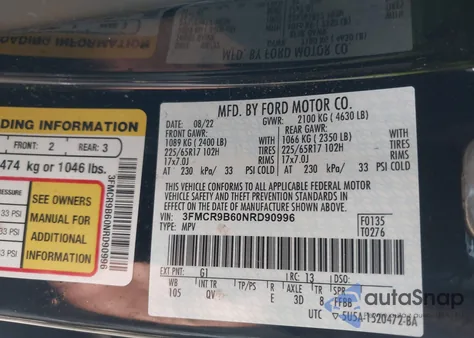 2022 Ford Bronco Sport Big Bend z USA, uszkodzony, nr VIN 3FMCR9B60NRD90996